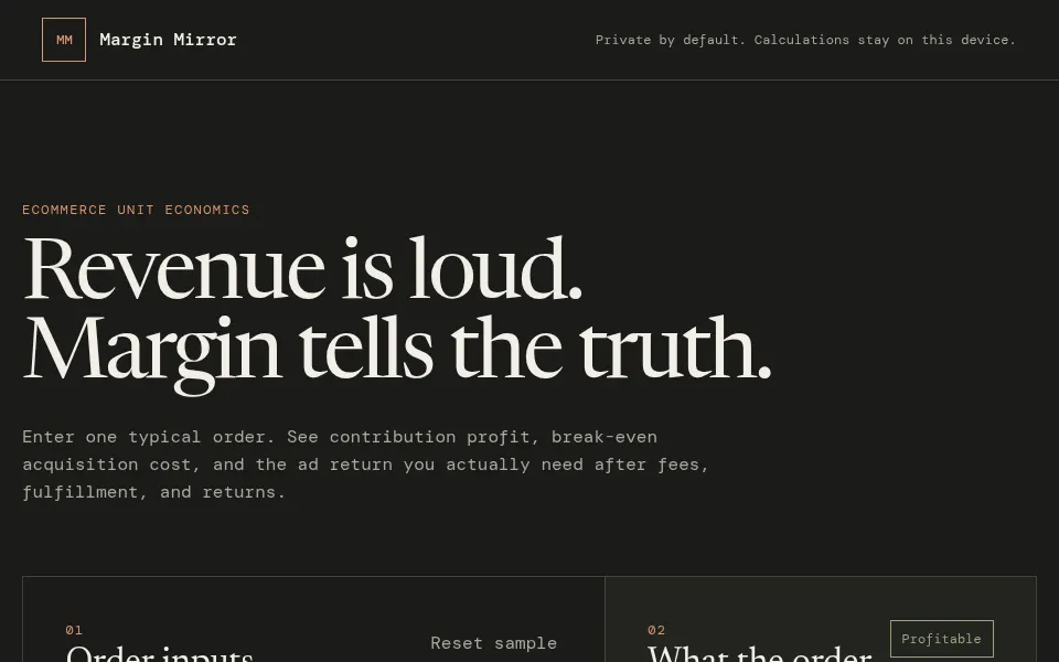 Margin Mirror ecommerce profit calculator